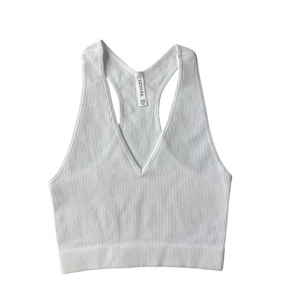Zenana Outfitters Tops - Zenana White Ribbed Crop Tank‎ Top V-Neck Racerback Sleeveless S/M